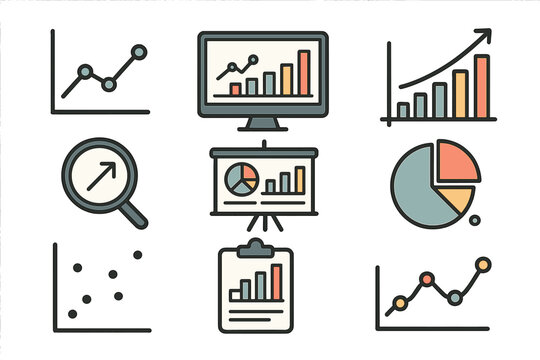 Various Data Analysis Icons, Statistics Graphs, Charts, and Diagrams in Minimalistic Flat Vector Style for Business, Education, and Professional Presentations, Infographics