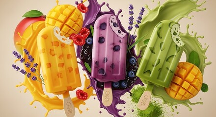 Naklejka premium Vibrant Summer Popsicles - A Splash of Fruity Delight.