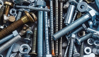 Set of bolts nuts nails metal fasteners. Consumable hardware tools. assortment steel 