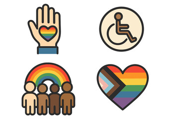 Set of vector icons for diversity, inclusion, and accessibility. LGBTQ+ pride symbols, progress flag heart, wheelchair sign, and diverse community under a rainbow. Human rights.