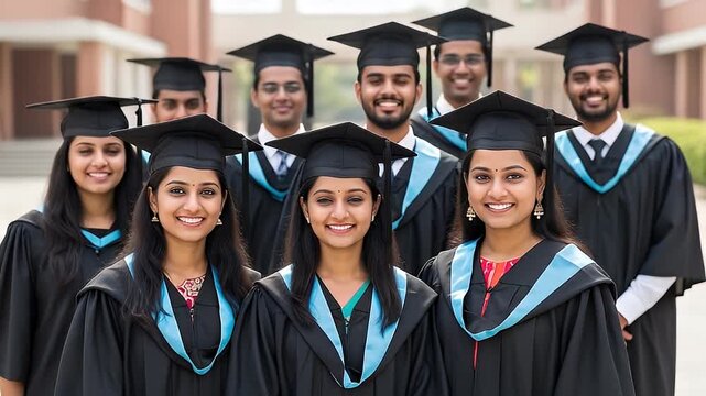 Group of Graduating Students in Black Gowns and Mortarboards Smiling Together in an outdoor Brick Building Background