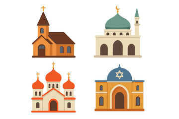 Obraz premium Religious buildings vector icon set. Church, mosque, synagogue, orthodox temple. Flat cartoon illustration of diverse architectural styles. Concept of world religions and faith.