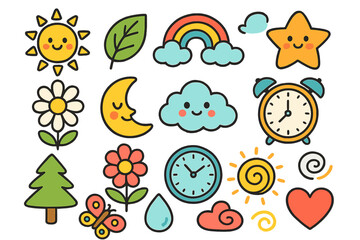 Cute kawaii cartoon icon set. Whimsical nature and weather sticker pack. Sun, moon, star, rainbow, cloud, flower, tree, butterfly, clock, and heart elements. Vector.