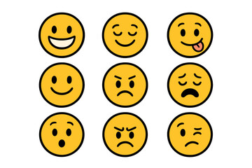 Fototapeta premium Set of cute cartoon emoji faces with different emotions. Vector smiley icon collection showing various moods like happy, sad, angry, and surprised. Emoticon character pack.