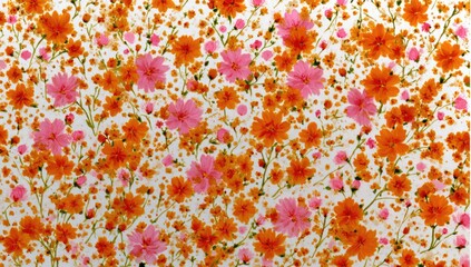 Floral print fabric, vibrant pink and orange cosmos flowers on white