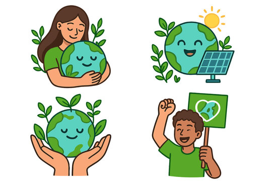 Earth Day illustration set. People love and care for the planet. Environmental protection, sustainability, save the world, renewable solar energy and activism concept. Vector cartoon.