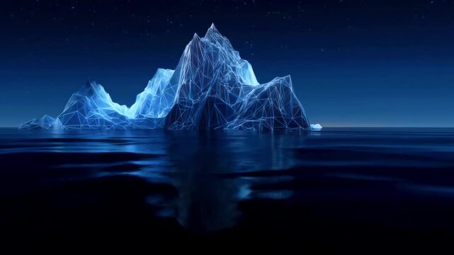 Geometric iceberg floating in calm ocean waters under a starry night sky, showcasing digital art