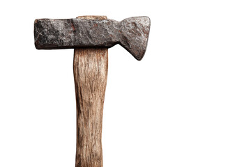 Close-up of a vintage axe head and wooden handle