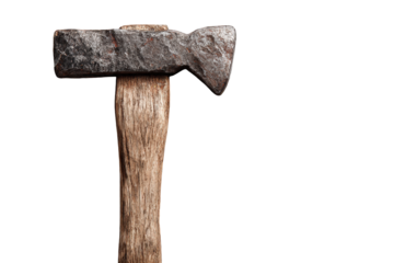 Close-up of a vintage axe head and wooden handle