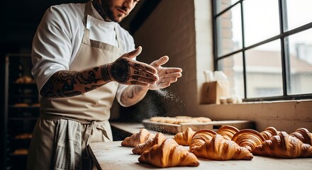 Baker sprinkling sugar on fresh croissants in a bakery with natural light from a window creating a warm atmosphere