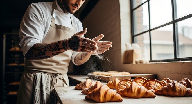 Baker sprinkling sugar on fresh croissants in a bakery with natural light from a window creating a warm atmosphere