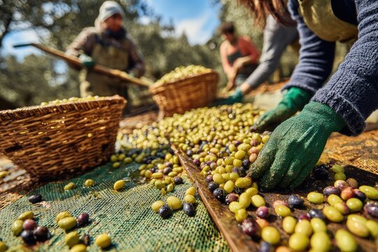 Olive harvest - Workers sorting and collecting olives in baskets.