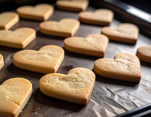Heart-shaped cookies arranged neatly on a baking sheet, ready for baking.  Golden-brown tones and soft shadows suggest a warm, inviting atmosphere.