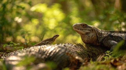Fototapeta premium Medium shot of a bird picking insects off a large reptiles skin foreground sharp on both animals while sunlit forest foliage recedes smoothly into soft focus.