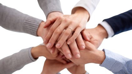 Hands clasped together in a circle, radiating outward.  Diverse group