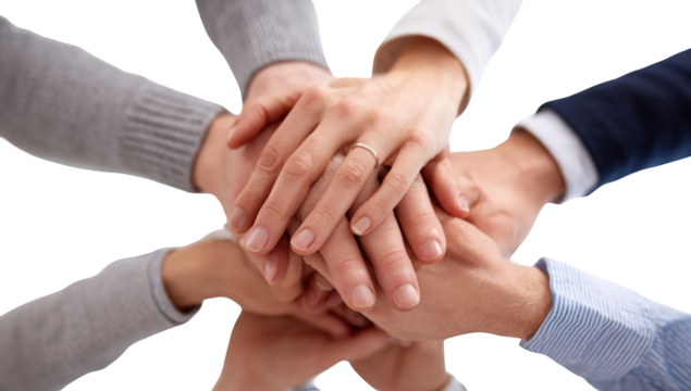 Hands clasped together in a circle, radiating outward.  Diverse group