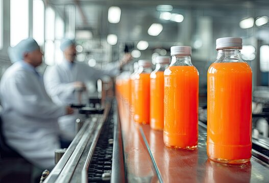 Orange juice bottles moving on a conveyor belt in a beverage factory production line.