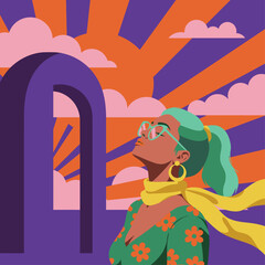 Optimistic Woman Looking Up Summer Illustration