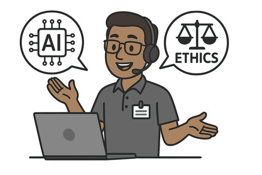 AI ethics concept vector. Support agent with laptop balances artificial intelligence and law. Digital communication morality, technology business rules, moral dilemma illustration.
