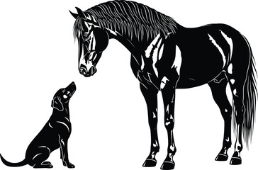 Silhouette illustration of a friendly dog sitting near a horse showing animal friendship, farm life, and rural pet companionship.