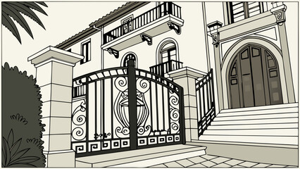 Ornate Wrought Iron Gate and Mediterranean Style Mansion Illustration.