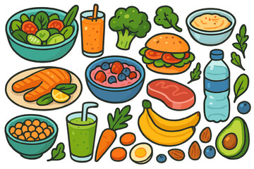 Healthy food collection vector cartoon icons set. Nutrition diet concept, balanced meal. Fresh organic ingredients for cooking. Salad, salmon, smoothie, fruit, vegetables.