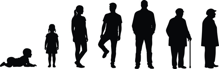 Silhouette Illustration of Human Life Stages from Infant to Elderly Showing Growth, Aging, Development, Health, Time, Family and Life Cycle