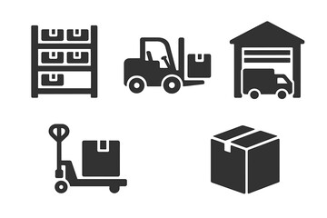 Warehouse icons set. Logistics and shipping solid glyphs. Forklift, pallet jack, storage rack, loading dock, package box vector. Supply chain management pictogram collection.