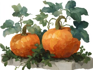 Obraz premium Two bright orange pumpkins sit on a stone ledge surrounded by green leaves in a watercolor illustration.