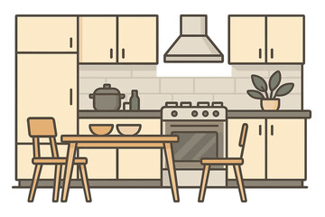 Modern kitchen interior vector illustration. Cartoon home furniture concept with dining table, chairs, stove, and cabinets. Clean line art for cooking and dining room design.