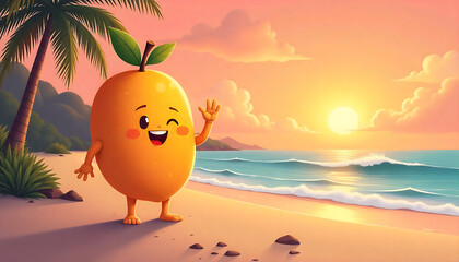 Cute Animated Mango Character Waving on Tropical Beach Sunset Scene