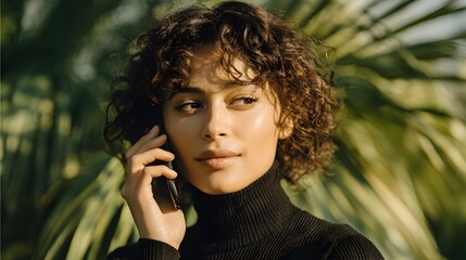 A beautiful woman with curly hair is talking on a smartphone outdoors with green foliage in the background.