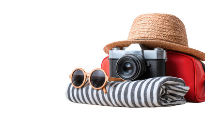Travel essentials. A straw hat, camera, sunglasses, and striped cloth rest on top of each other