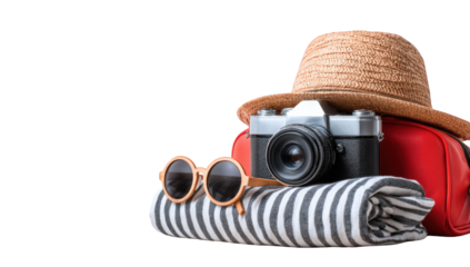 Travel essentials. A straw hat, camera, sunglasses, and striped cloth rest on top of each other