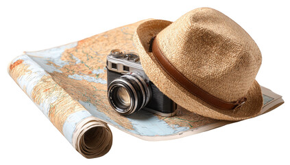 Vintage map, camera, and hat