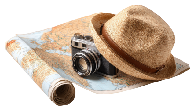 Vintage map, camera, and hat
