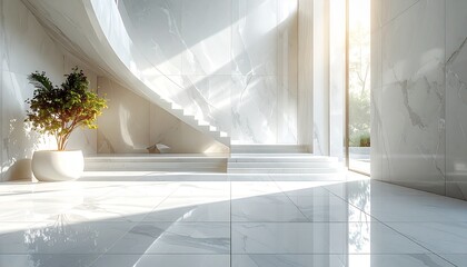 Luxury Minimalist Interior with White Marble Porcelain Surfaces, Sunlit Modern Staircase, Elegant Architectural Design