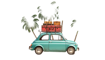 Retro teal car loaded with luggage and trees