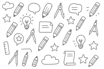 Hand-drawn doodle pattern with school and creative icons. Seamless vector background with pencil, lightbulb, and compass sketch. Education, learning, and brainstorming concept.