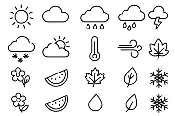 Weather and seasons outline icon set. Climate symbols for nature forecast. Vector line art. Sun, rain, cloud, snow, wind, storm. Spring, summer, autumn, winter elements.