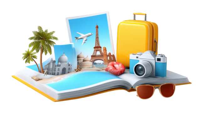 Open travel journal with photos and accessories