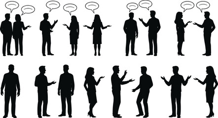 Silhouette illustration of men and women communicating with speech bubbles, representing discussion, teamwork, conversation, business talk, and interaction.