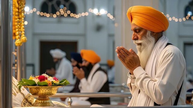Mature Man with White Beard Praying with Hands Clasped wearing Yellow Turban and White Clothing at a Gurdwara with Ornate Decorations