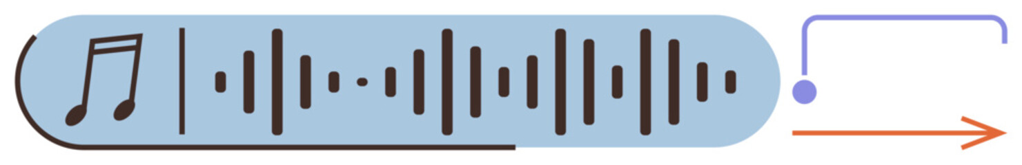Music note, waveform bars inside a progress bar, dot with arrow indicating playback. Ideal for audio streaming, music listening, sound editing, waveform visualization, media player, podcast simple