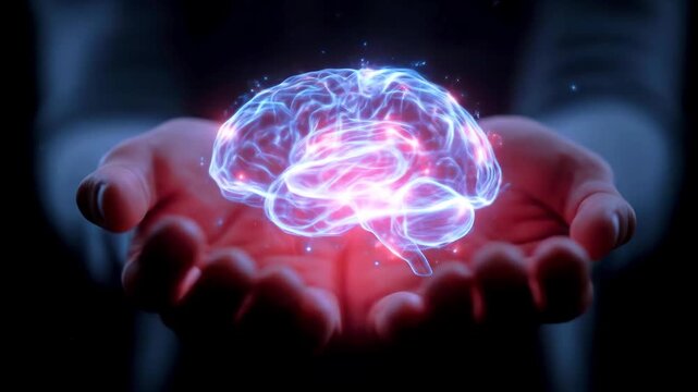 A human pair of hands holds a glowing, digital brain, symbolizing innovation and technology in thought