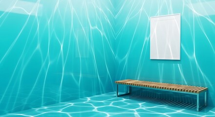 Tranquil turquoise swimming pool with reflected light and wooden bench serene summer oasis for relaxation and wellness