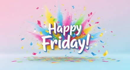 "Happy Friday!" Text with a Vibrant Colorful Confetti Explosion and Powder Burst on a Gradient Background