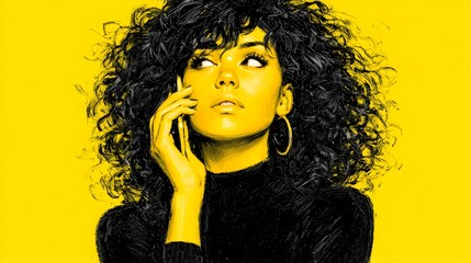Beautiful young woman with curly hair is speaking on her smartphone with a yellow background behind her.
