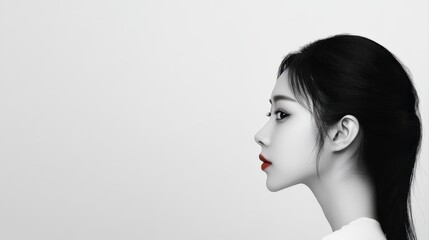 Naklejka premium a beautiful chinese woman With a ponytail is peeking from the edge of a white background, only her half face is visible, in a simple, minimalistic style with high contrast between black and white, 