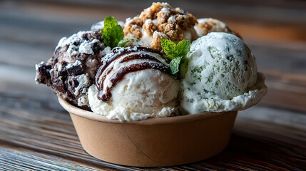 Assorted flavors of refreshing ice cream scoops beautifully arranged in a bowl with mint garnish on table.